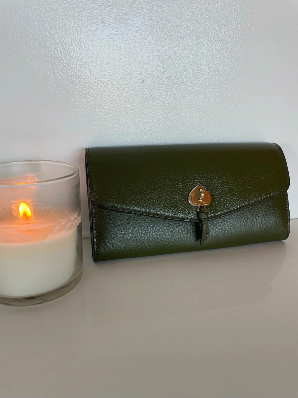 kate spade Olive Green Pebbled Leather Mini Wallet with Gold Hardware